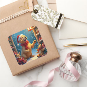 Golden Retriever in Santa's Werkstatt Weihnachten Quadratischer Aufkleber