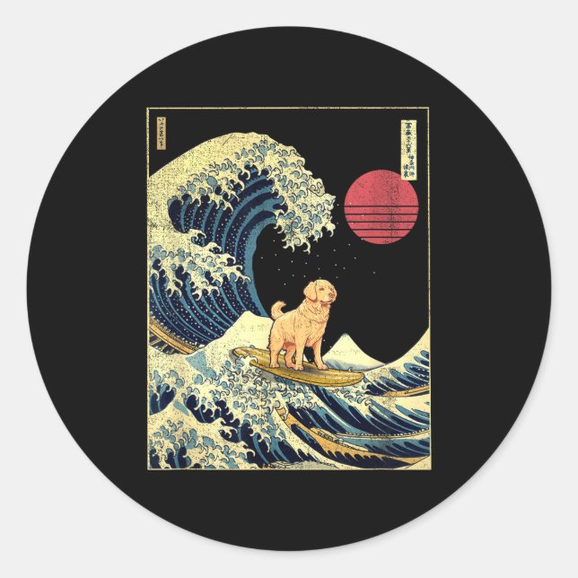 Golden Retriever Japanese Kanagawa Wave Funny Surf Runder Aufkleber (Vorderseite)