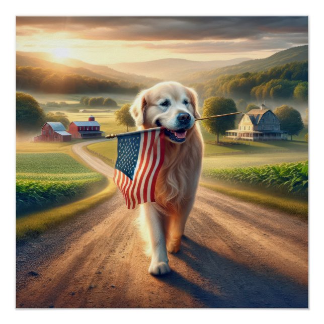 Golden Retriever mit amerikanischer Flagge Poster (Vorderseite)