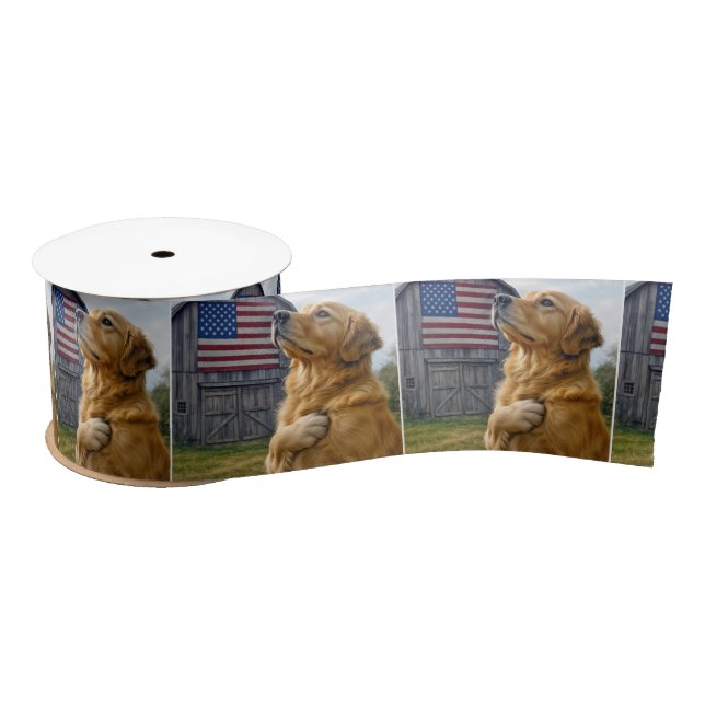 Golden Retriever mit amerikanischer Flagge Satinband (Spule)