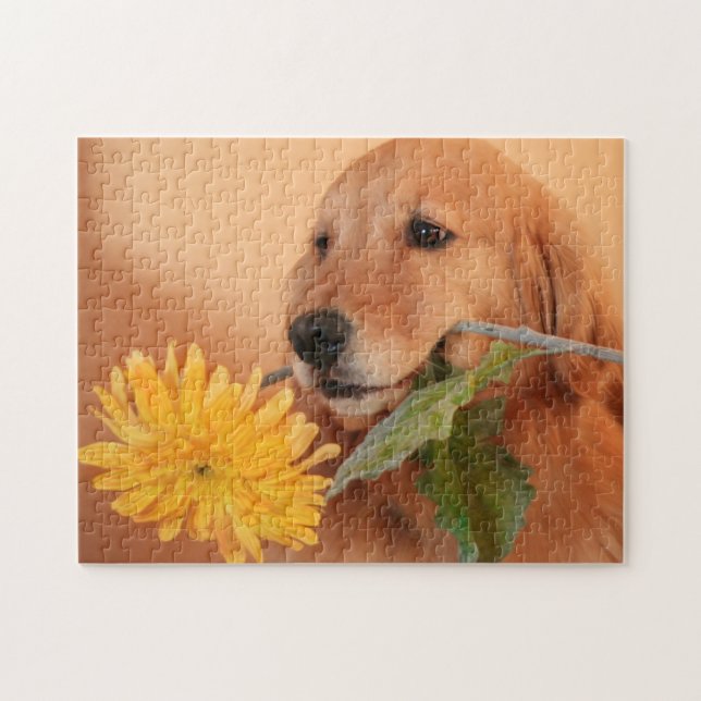 Golden Retriever mit Blume Jigsaw Puzzle (Horizontal)