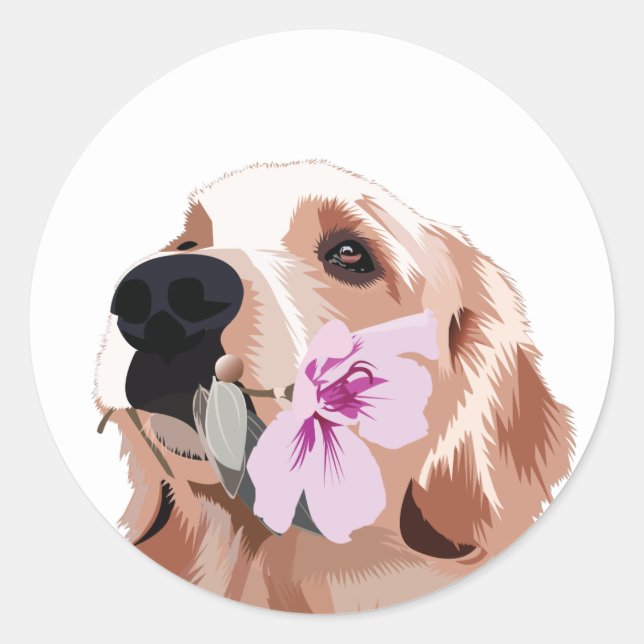 Golden Retriever mit Blume Runder Aufkleber (Vorderseite)
