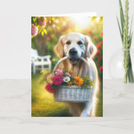 Golden Retriever mit einem Geburtstagskorb für Blu Karte