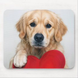 Golden Retriever mit einem roten Herz-Kissen Mousepad
