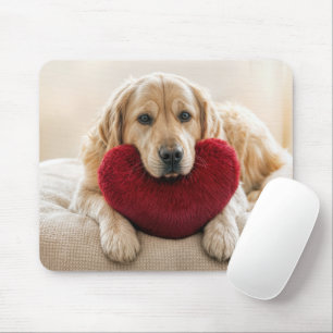 Golden Retriever mit einem roten Herz-Kissen Mousepad