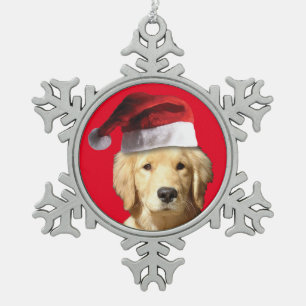 Golden Retriever mit einem Weihnachtshut Schneeflocken Zinn-Ornament