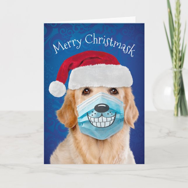 Golden Retriever mit Facemask Merry Christmask Karte (Vorderseite)