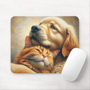 Golden Retriever mit Ingwerkatze Mousepad