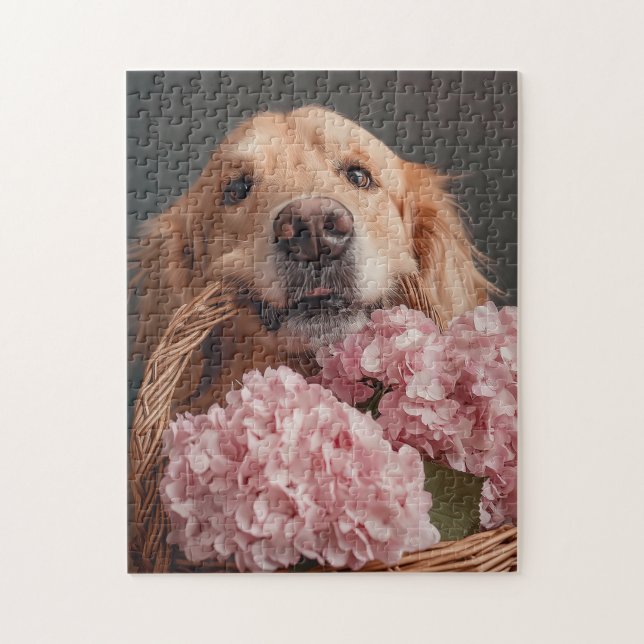 Golden Retriever mit Korb aus rosa Hydrangeas Puzzle (Vertikal)