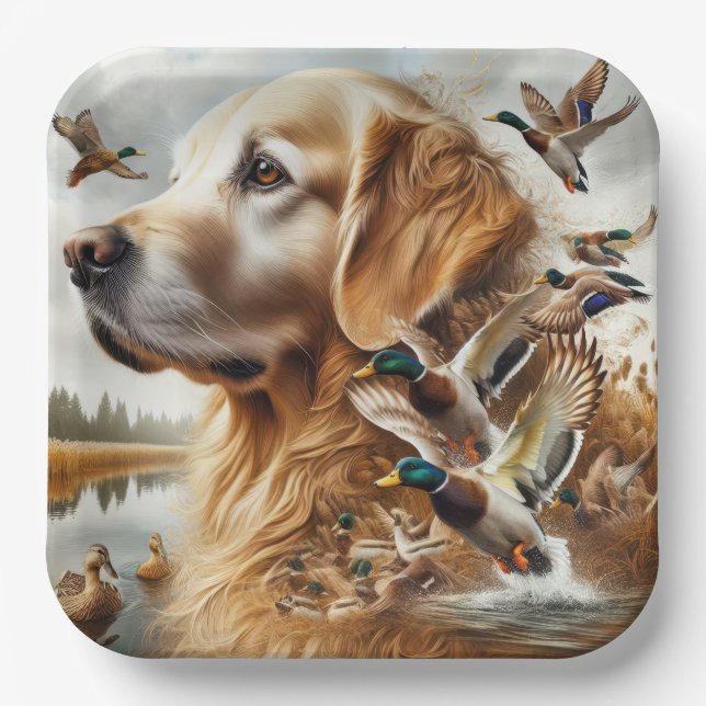 Golden Retriever mit Mallard Enten Pappteller (Vorderseite)