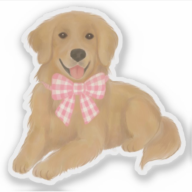 Golden Retriever mit Pink Gingham Bow Gastgeschenk Aufkleber (Vorderseite)