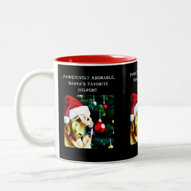 Golden Retriever mit Weihnachtsmannmütze auf Kaffe Zweifarbige Tasse (Links)