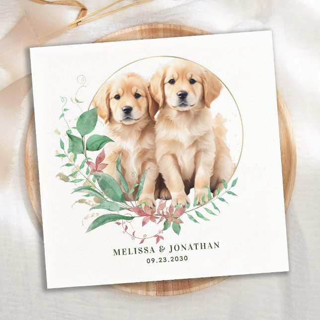 Golden Retriever Moderne Botanische Blumenhochzeit Serviette (Von Creator hochgeladen)