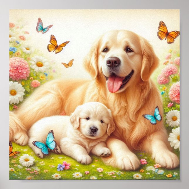 Golden Retriever Mutter und ihr Welpe Poster (Vorne)