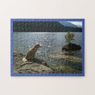 Golden Retriever Nea Pond on a Sunny Day Puzzle