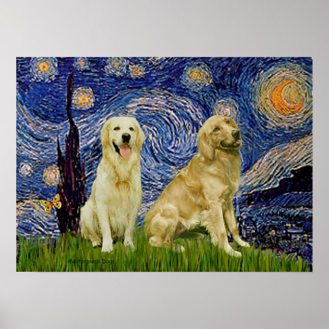 Golden Retriever Pair 3 - Starry Night Poster (Vorne)