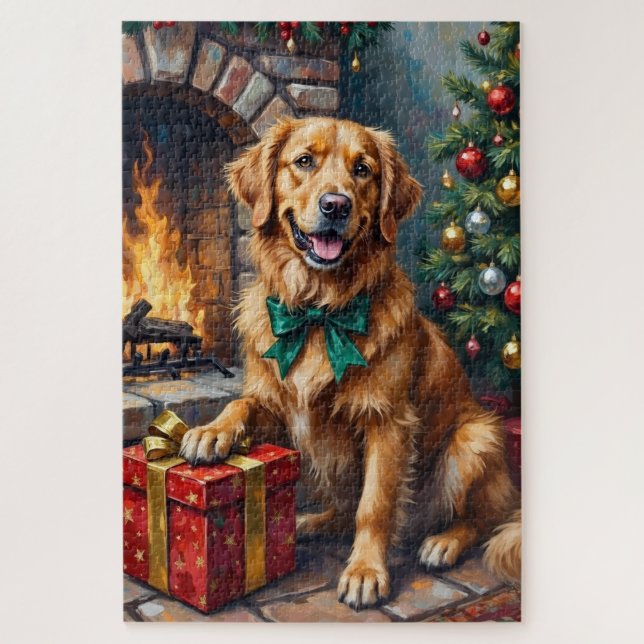 Golden Retriever Patiently Guarding Christmas Gift Puzzle (Vertikal)
