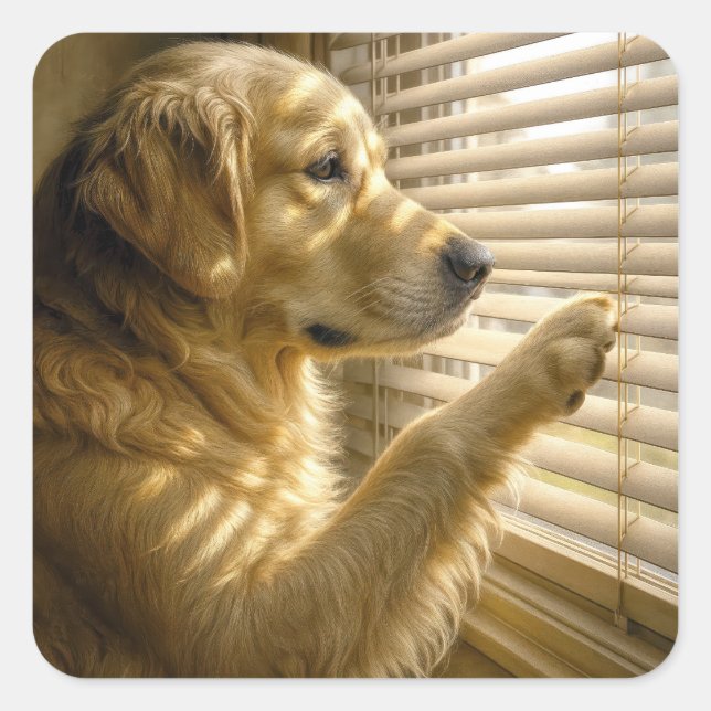 Golden Retriever Peeking Through Blinds Quadratischer Aufkleber (Vorderseite)
