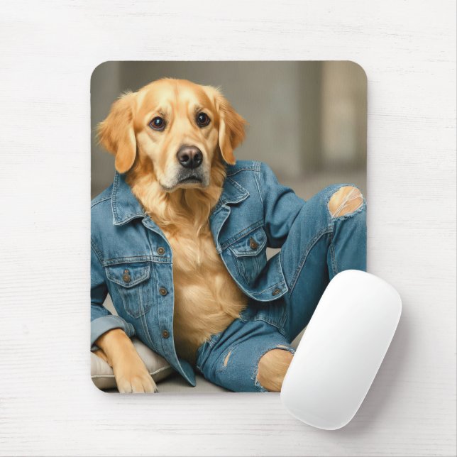 Golden Retriever Posing in Blue Jeans Mousepad (Mit Mouse)