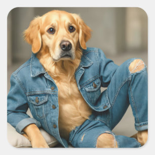 Golden Retriever Posing in Blue Jeans Quadratischer Aufkleber