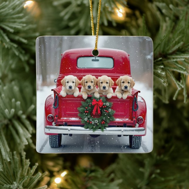 Golden Retriever Puppies In Christmas Truck Keramikornament (Baum)