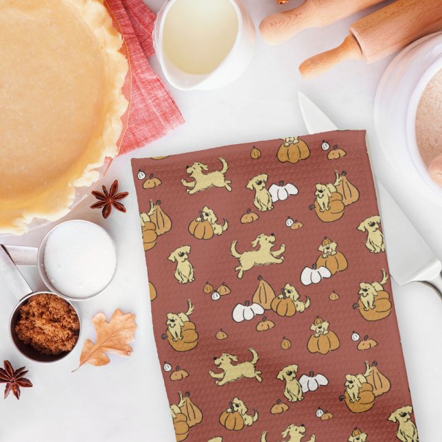 Golden Retriever Puppies Pumpkins Pattern Fall Geschirrtuch (Von Creator hochgeladen)