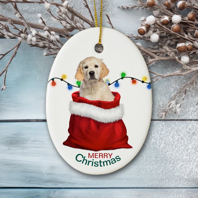 Golden Retriever Puppy Dog in Holiday Gift Bag Keramik Ornament (Von Creator hochgeladen)