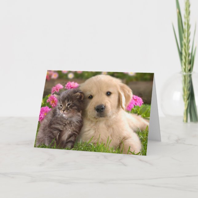 Golden Retriever Puppy Dog & Kitten Liebe Karte (Vorderseite)