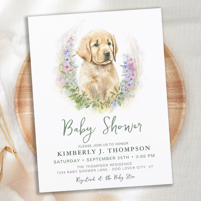 Golden Retriever Puppy Dog Moderne Babydusche Einladungspostkarte (Von Creator hochgeladen)