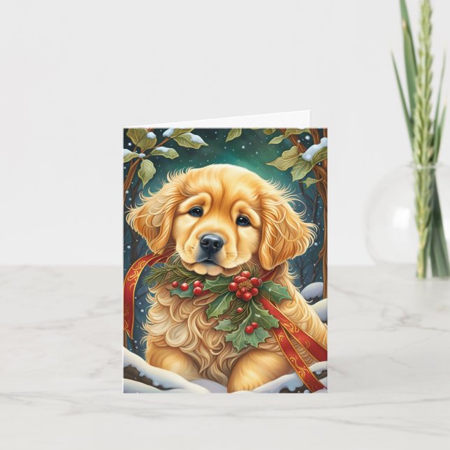 Golden Retriever Puppy Festive Holly Feiertagskarte (Vorderseite)