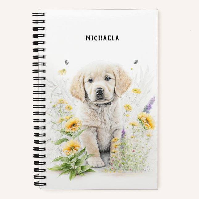 Golden Retriever Puppy Florals Monogram Name Notizbuch (Vorderseite)