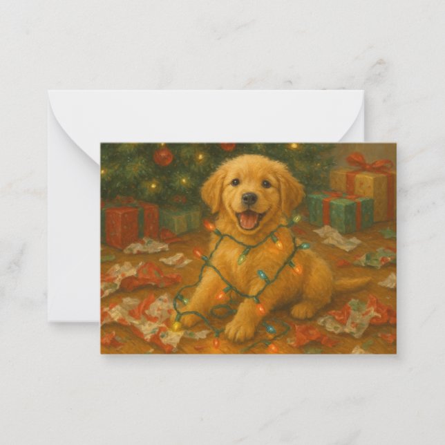 Golden Retriever Puppy in Christmas Lights Card Mitteilungskarte (Vorderseite)