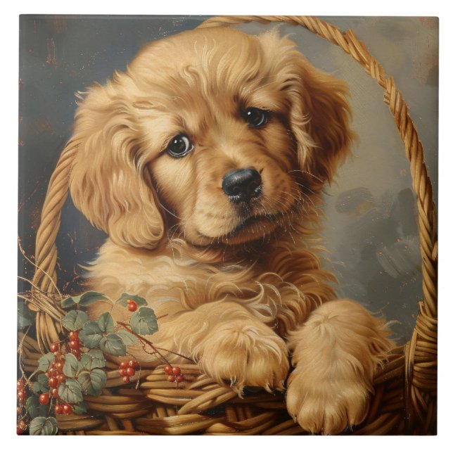 Golden Retriever Puppy in einem Korb Fliese (Vorderseite)