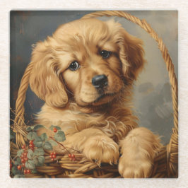 Golden Retriever Puppy in einem Korb Glasuntersetzer