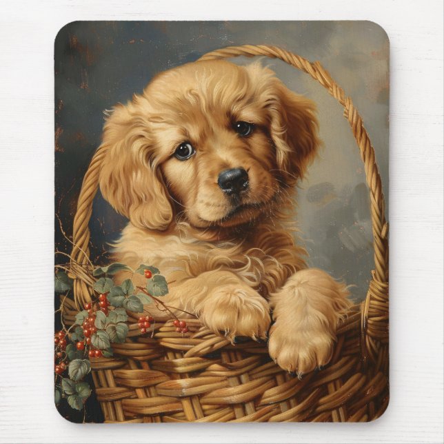 Golden Retriever Puppy in einem Korb Mousepad (Vorne)