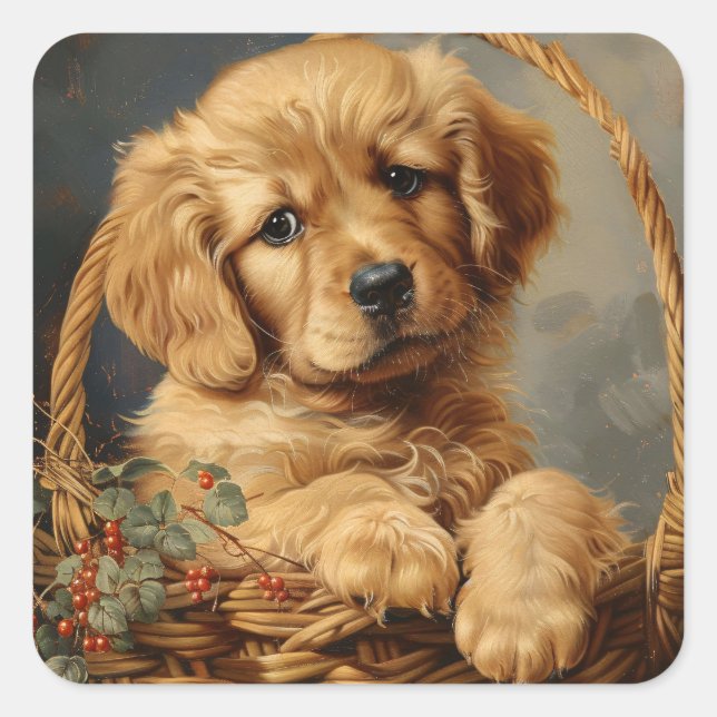 Golden Retriever Puppy in einem Korb Quadratischer Aufkleber (Vorderseite)