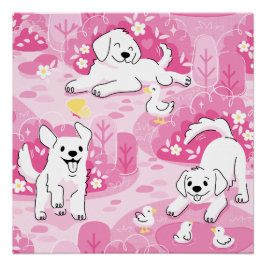 Golden Retriever Puppy in Pink Garden Poster