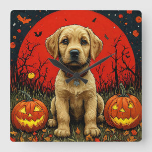 Golden Retriever Puppy mit Halloween Pumpkins Quadratische Wanduhr