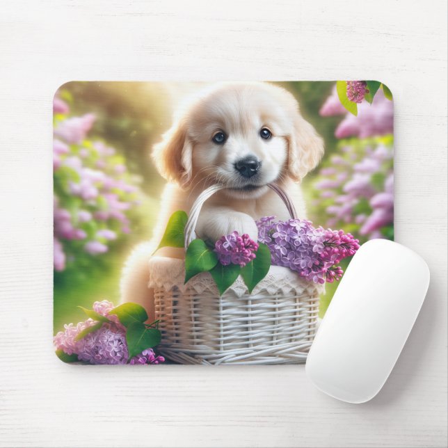 Golden Retriever Puppy mit Lilac-Körbchen Mousepad (Mit Mouse)