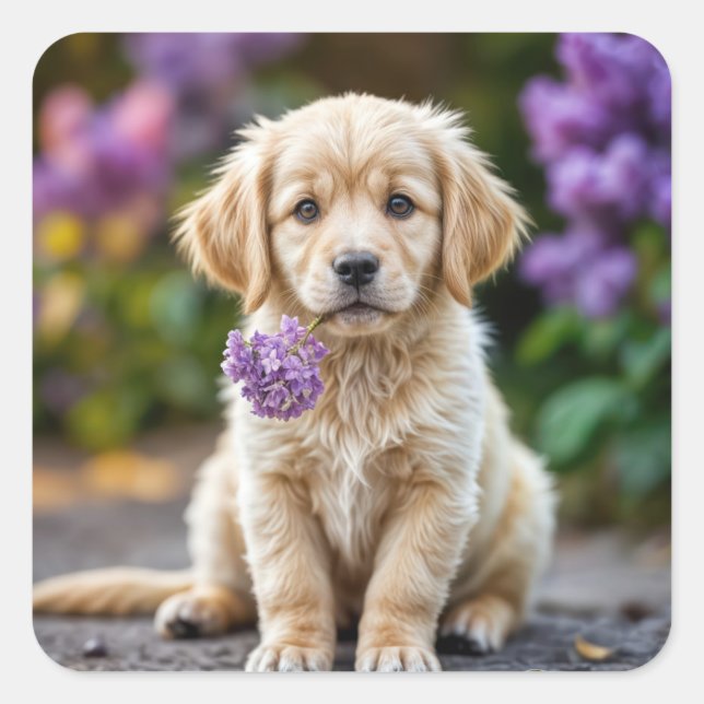Golden Retriever Puppy mit Lilacs Quadratischer Aufkleber (Vorderseite)
