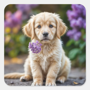 Golden Retriever Puppy mit Lilacs Quadratischer Aufkleber