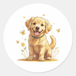 Golden Retriever Puppy with Yellow Flowers Runder Aufkleber