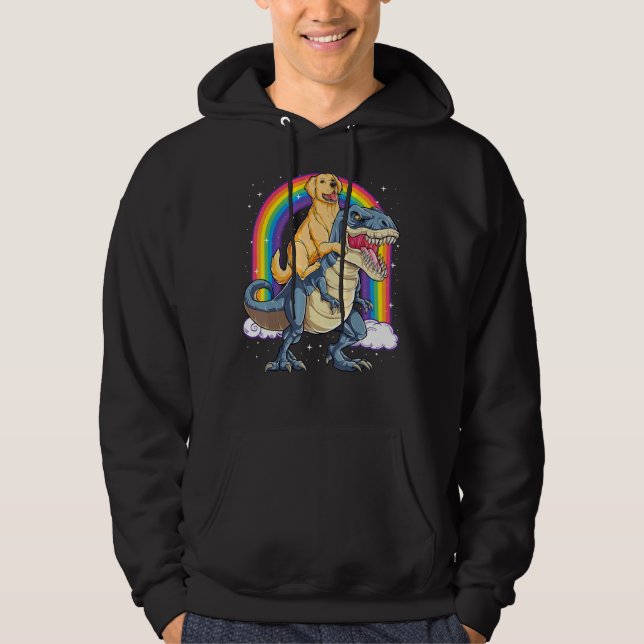 Golden Retriever Riding Dinosaur Rex Boys Rainbow Hoodie (Vorderseite)