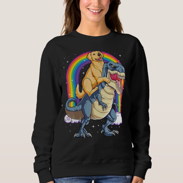 Golden Retriever Riding Dinosaur Rex Boys Rainbow Sweatshirt (Vorderseite)