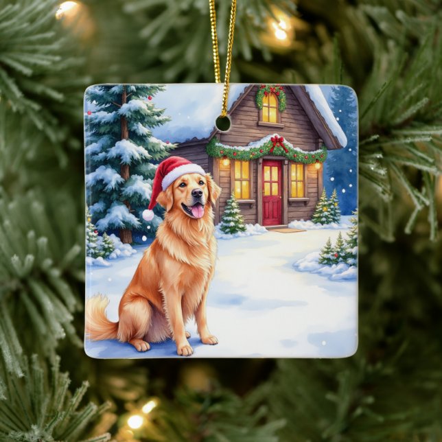 Golden Retriever Rustic Cabin Santa Hat Christmas Keramikornament (Baum)