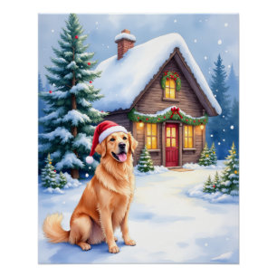 Golden Retriever Rustic Cabin Santa Hut Weihnachte Poster