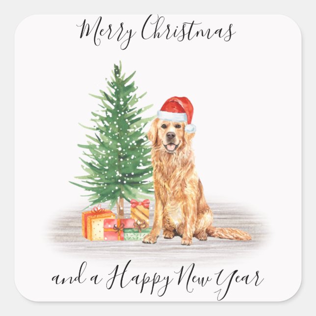 Golden Retriever Santa Dog Frohe Weihnachten Quadratischer Aufkleber (Vorderseite)