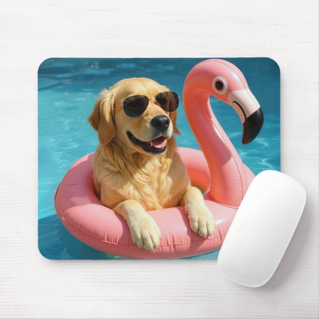 Golden Retriever schwimmt mit Flamingo Mousepad (Mit Mouse)