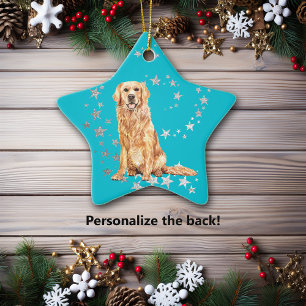 Golden Retriever Silver Stars Aquamarin Weihnachte Keramik Ornament