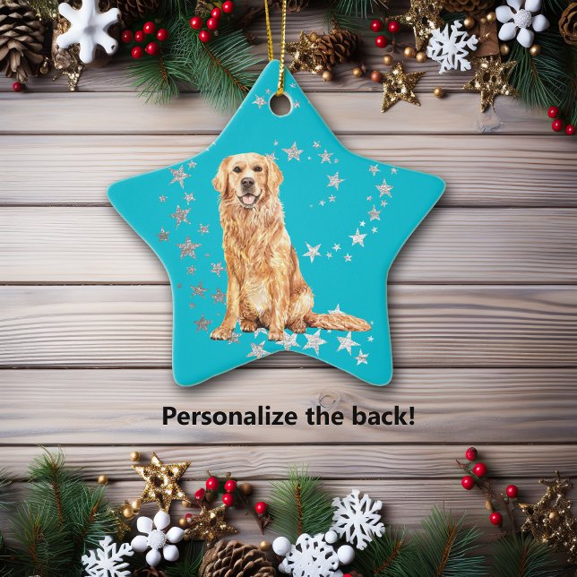 Golden Retriever Silver Stars Aquamarin Weihnachte Keramik Ornament (Von Creator hochgeladen)